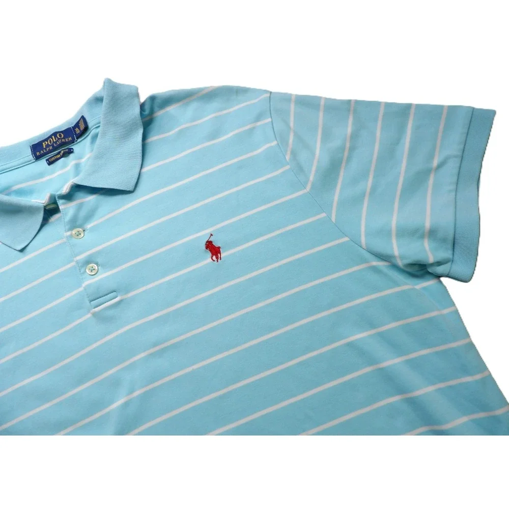 Polo Ralph Lauren Men XL Custom Slim Fit Mesh Polo Blue Striped Red Pony Cotton